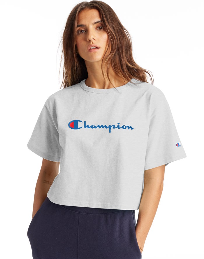 Champion Heritage Cropped Script Logo Kadın Tişört Gri ( VLECQO178 )